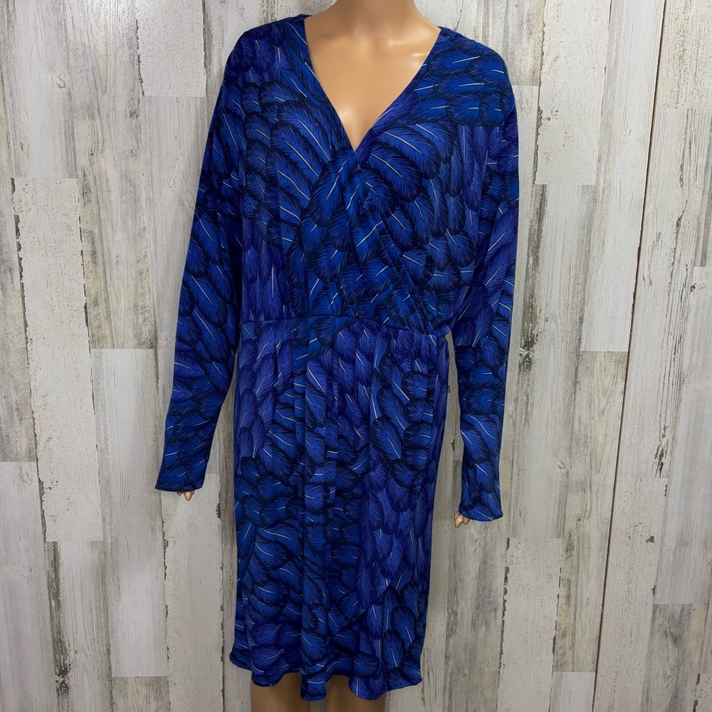Mara Hoffman Gypsy Blue Feather Patterned Long Sleeve Mock Wrap Dress‎
